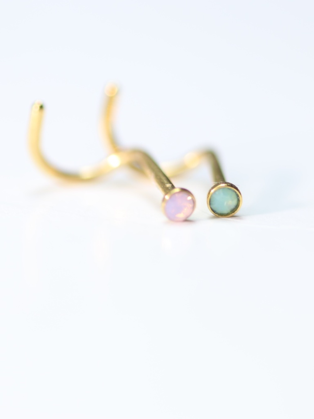 TWO Goldplated Nose piercings with a cute soft pink gem and a jade New!